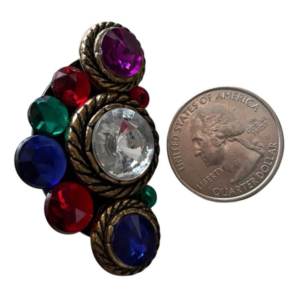 80s Mogul Gripoix Style Gold Tone Chunky Clip-On Earrings Rivioli Rhinestones - Picture 5 of 8